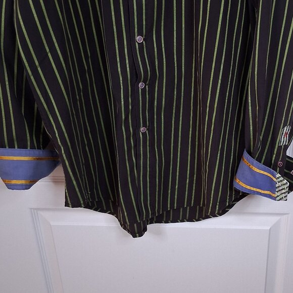 Robert Graham Shirt Men's XL Button Down Long Sleeve Green Striped Flip Cuff - Picture 3 of 5